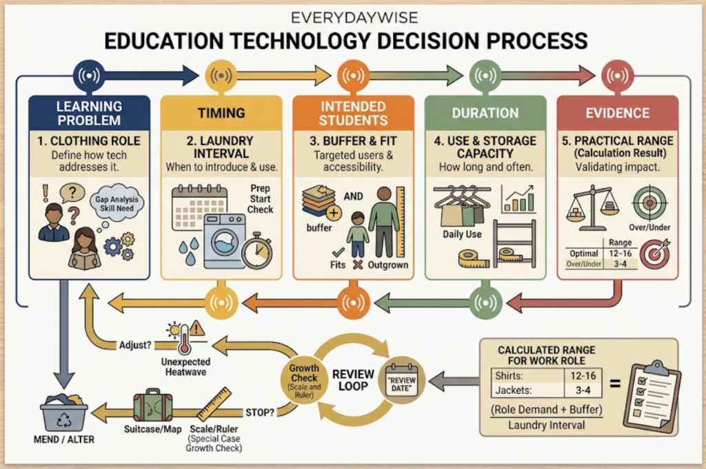 Five checks evaluate a classroom technology tool and feed results into a review loop.