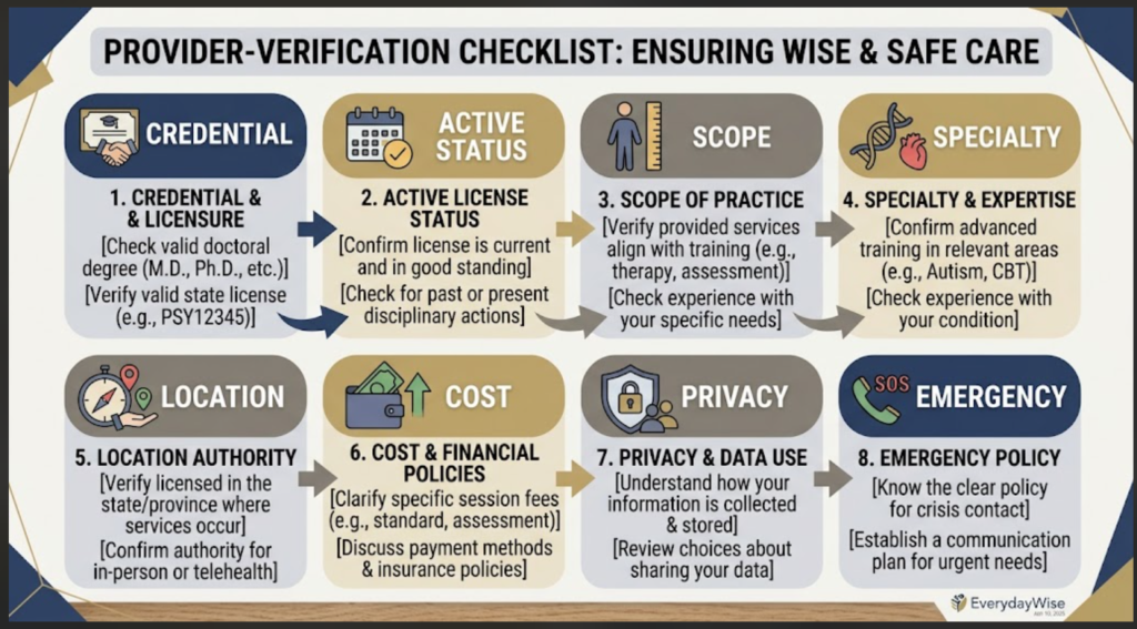 Exact credential, active status, permitted scope, relevant competence, location authority, insurance eligibility, cost, privacy, emergency policy