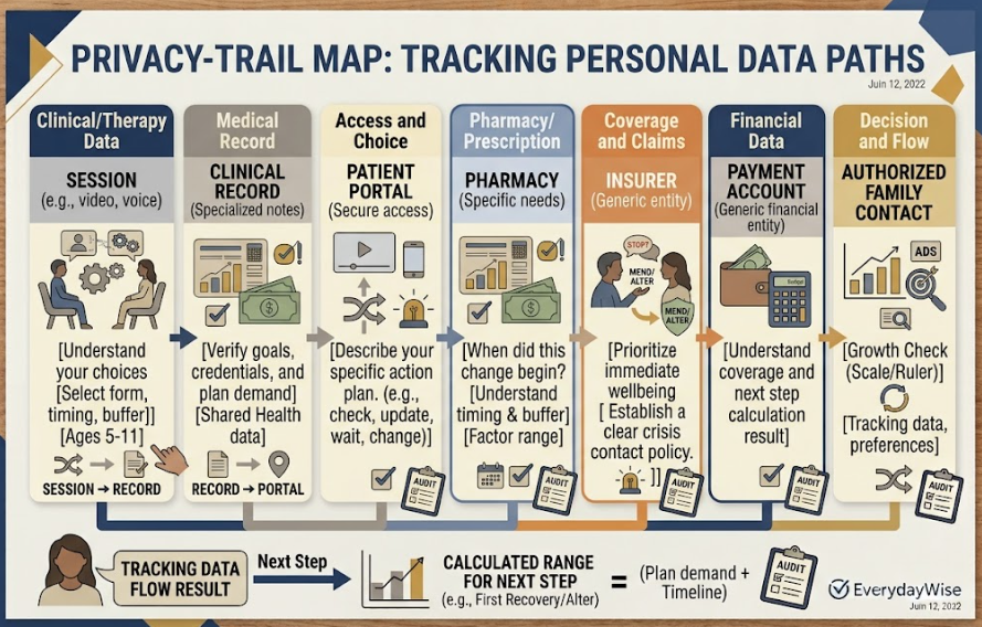 A mental health session connects to separate clinical, billing, portal, pharmacy, payment, and family information paths.