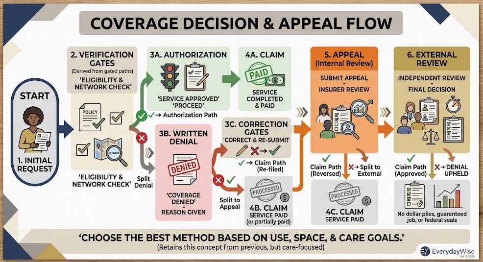 A coverage flow moves from network and authorization checks through claims, written denials, correction, and appeal.