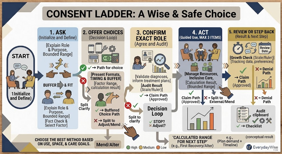 A consent ladder moves from asking what help is wanted through confirming, acting, and reviewing the family role.