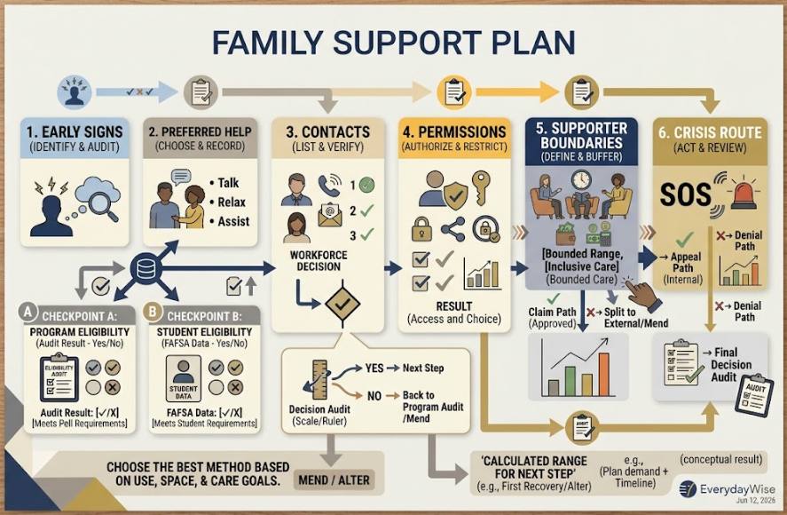 A family support plan records early signs, preferred help, contacts, permissions, boundaries, and the urgent response route.