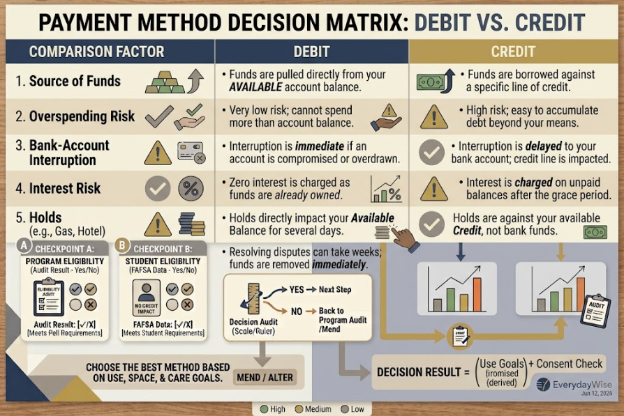 A neutral matrix compares how debit and credit affect funds, interest, holds, disputes, and credit history.