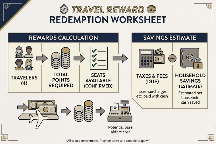 Family travel-reward worksheet accounting for points, seat availability, and remaining cash costs.