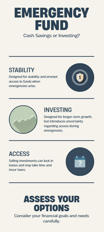 Stable emergency cash compared with an investment whose value may fall before an unexpected expense.(emergency fund)