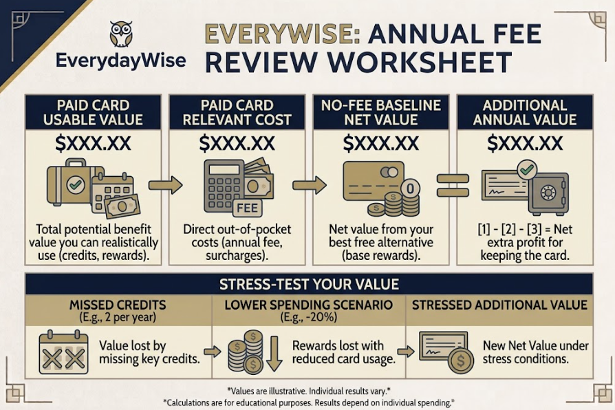 Annual credit-card fee comparison worksheet with a no-fee baseline and stress test.
