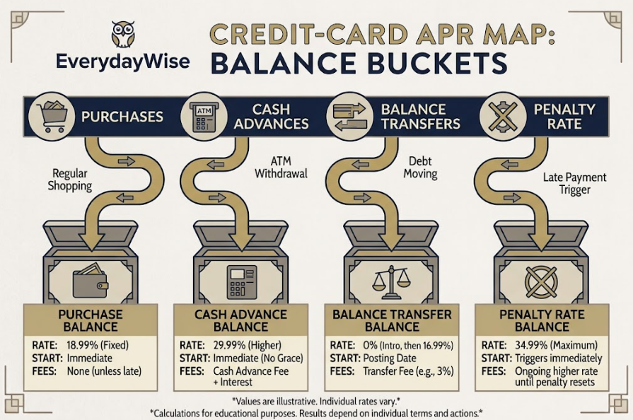 credit card APR explained - Purchase, cash-advance, transfer, and increased APR balances separated by rate and start date.