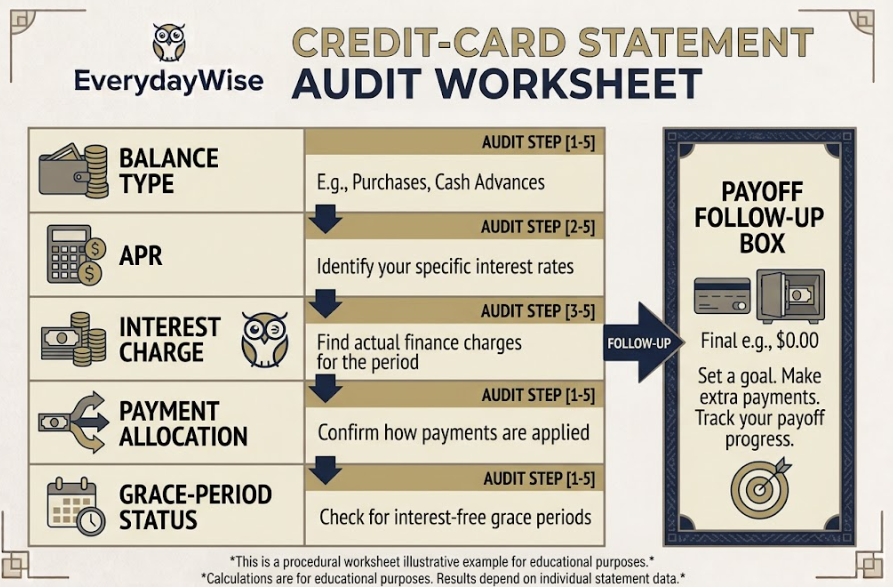 Five-line credit-card interest and payment-allocation statement audit.