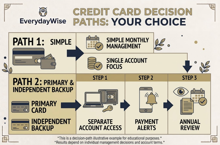 more that one credit card -  One-card and two-card decision paths showing management and backup considerations.