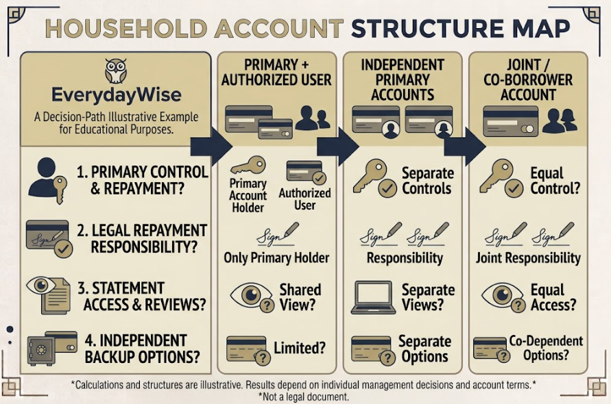 Primary plus authorized user, two independent accounts, and joint account compared by control and responsibility questions.