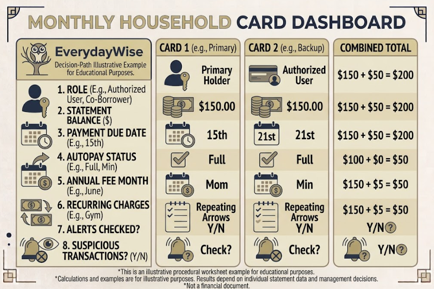 Two-card worksheet with balances, due dates, fees, alerts, and combined total.