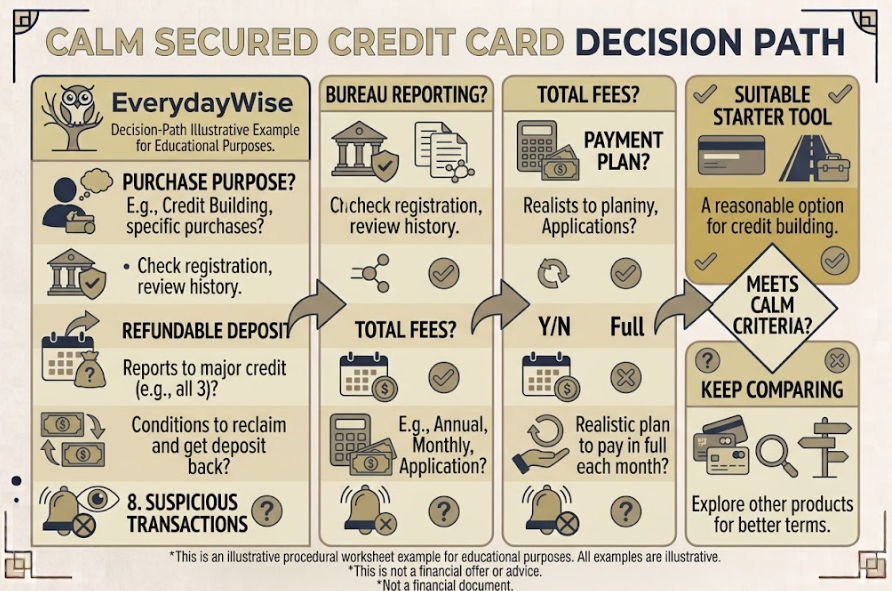 When a Secured Credit Card-Six secured-card checks covering purpose, reporting, deposit, fees, legitimacy, and payment plan.