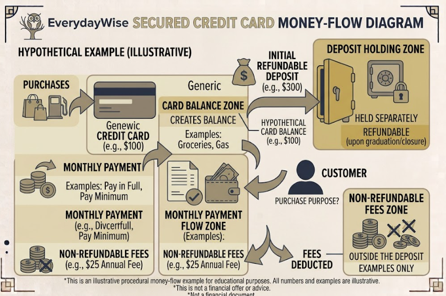 Secured-card money flow showing deposit held separately from purchases and payments.