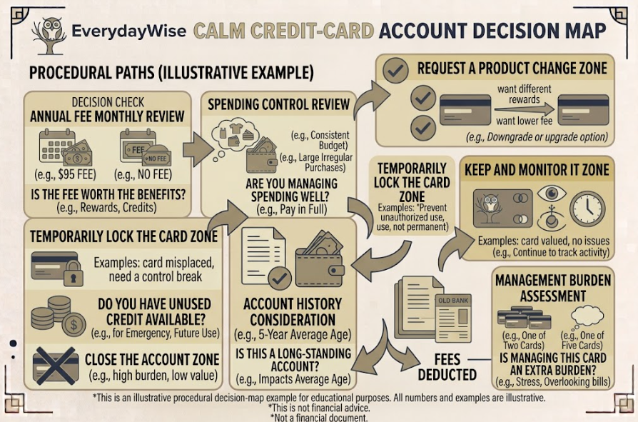 Decision map for closing, changing, locking, or keeping a credit card.
