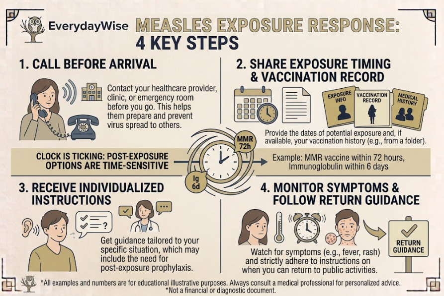  Four-step response after a possible measles exposure, beginning with calling before arriving.