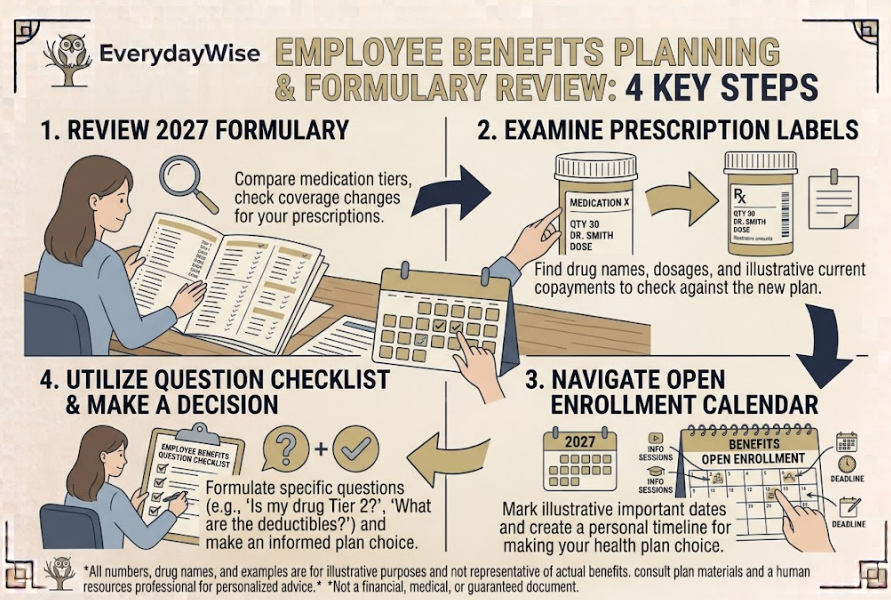Employer GLP-1 Coverage - An employee reviews a 2027 formulary and open-enrollment checklist for prescription coverage.