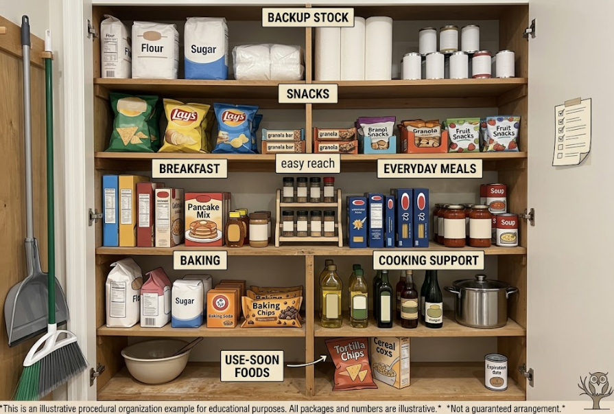 How to Organize a Pantry by Use-A family pantry uses separate zones for everyday meals, breakfast, snacks, baking, backup food, and items to use soon.