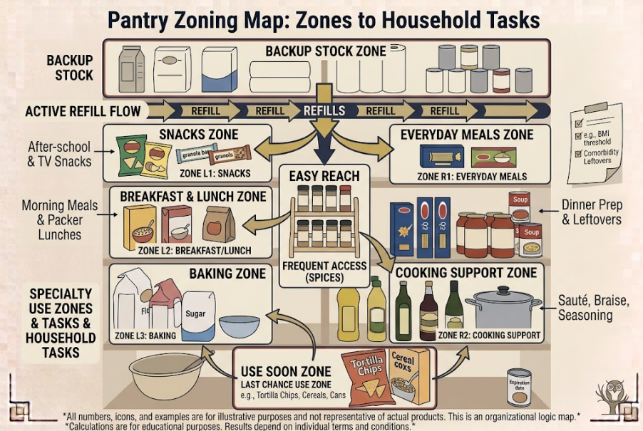 A pantry map shows backup food refilling active use zones while use-soon food feeds meal planning.