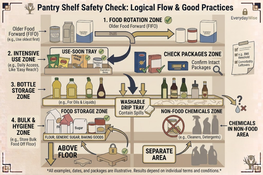A pantry safety check keeps older food visible, contains bottle drips, stores food above the floor, and separates household chemicals.
