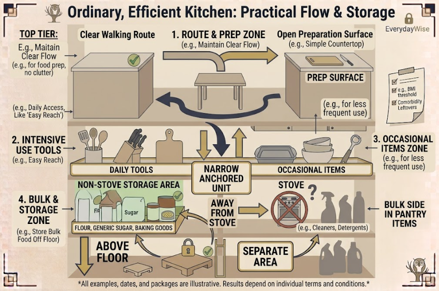 Small-Kitchen Storage - A compact kitchen keeps its walkway and preparation counter clear while using one narrow storage unit.