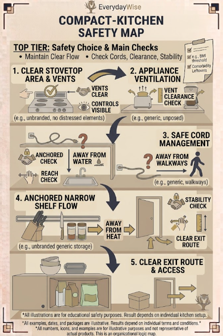 A compact kitchen safety map keeps storage away from heat, vents, controls, cords, and the exit route.