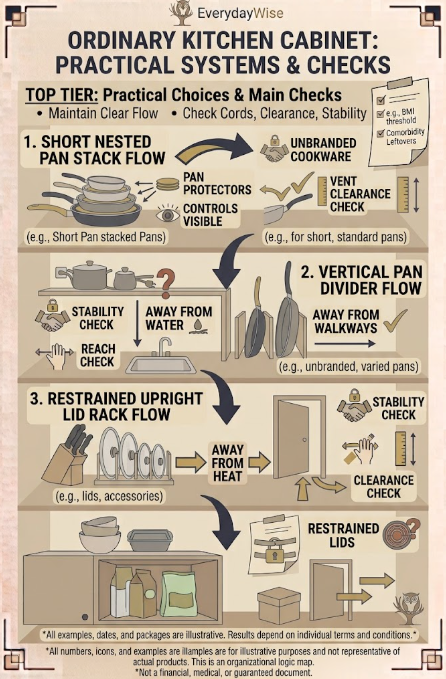 How to Store Pots Pans Lids Safely - A lower cabinet uses short pan stacks, vertical dividers, and a restrained lid rack.