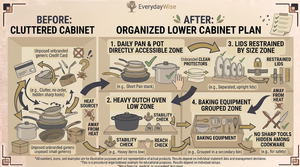 A cookware cabinet reset gives daily pans direct access and groups lids and specialty equipment separately.