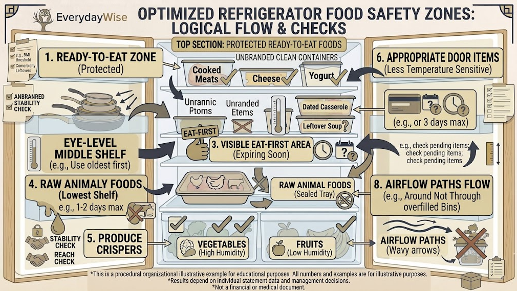 Refrigerator zones separate ready-to-eat foods from sealed raw foods while preserving cold-air circulation.