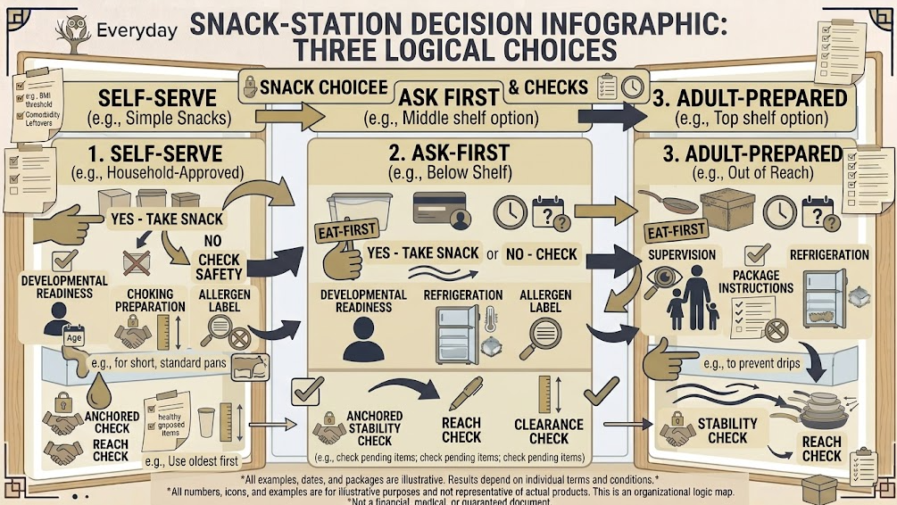 Snack access levels are chosen after checking ability, choking, allergens, refrigeration, and supervision.