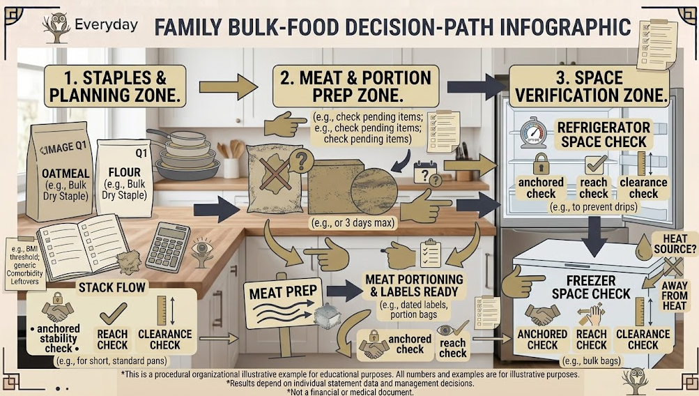 Bulk food storage - A bulk-food purchase is checked against meal demand, storage space, portions, and labels.