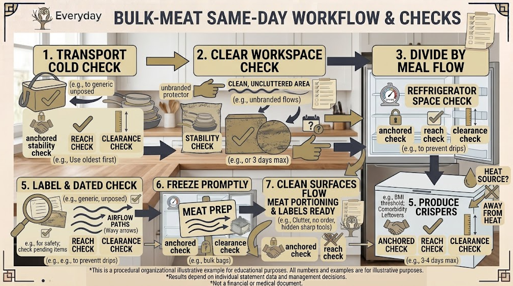 Bulk meat moves from cold transport through meal portions, labels, freezing, cleanup, and inventory.
