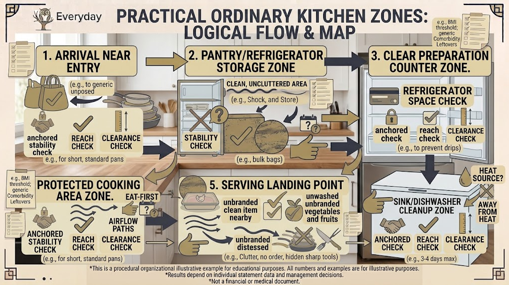 kitchen zones setup - An ordinary kitchen connects arrival, storage, preparation, cooking, serving, and cleanup zones.