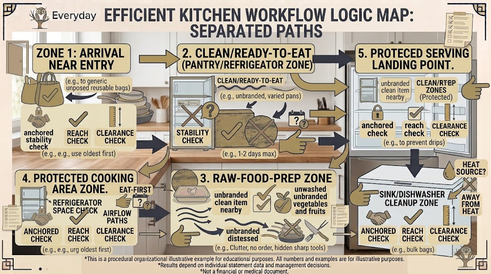 Separate raw and ready-to-eat food paths reach cooking while guest traffic stays away from heat.