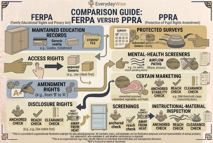FERPA record rights compared with PPRA survey and instructional-material rights.