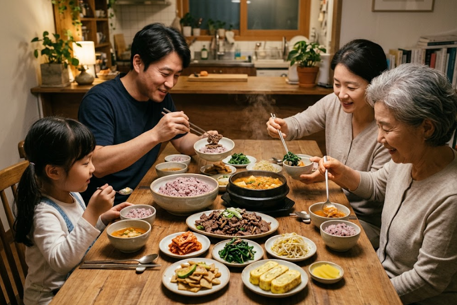 How to Build a Balanced Plate - A family serves different portions of rice, protein, soup, and vegetable side dishes from one shared dinner.