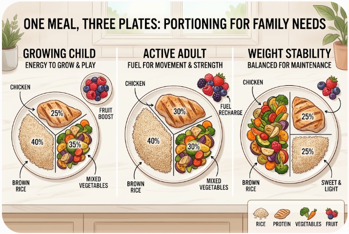 Three people adjust portions of the same balanced family meal to suit different needs.