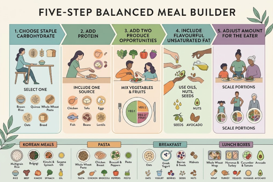 Five steps for building a balanced meal from familiar foods and adjusting the amount for each person.