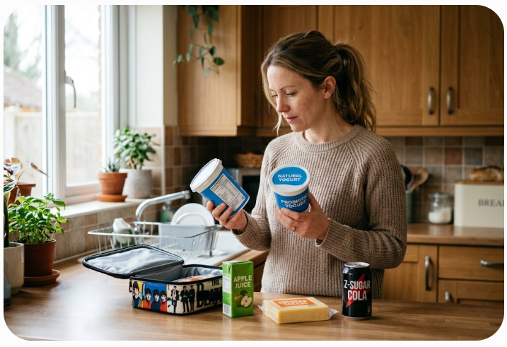 How to Read Nutrition Labels-A parent compares labels on yogurt, juice, cheese, and a zero-sugar drink while preparing a child’s lunch.