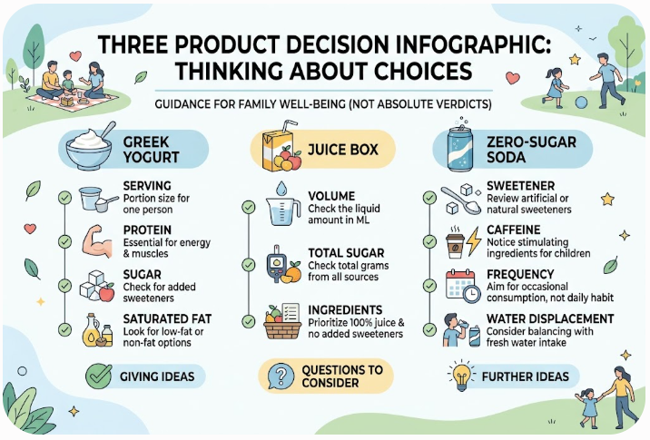 A decision guide shows which label details to check on yogurt, juice, and zero-sugar soda.