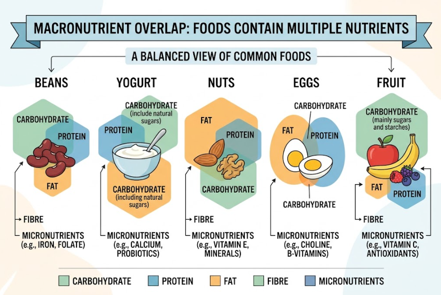 An infographic shows that beans, yogurt, nuts, eggs, and fruit contain overlapping nutrients.