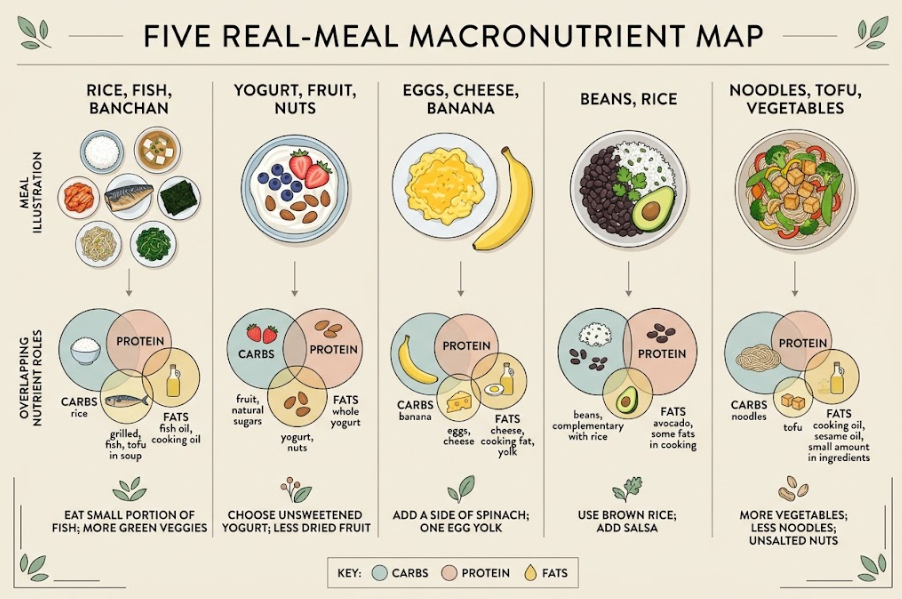 five meals macronutrient map rice fish banchan yogurt fruit nuts beans rice noodles tofu vegetables infographic
