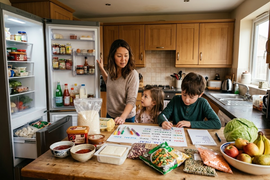 healthy meals on budget - A parent checks existing food before planning affordable family meals and writing a grocery list.