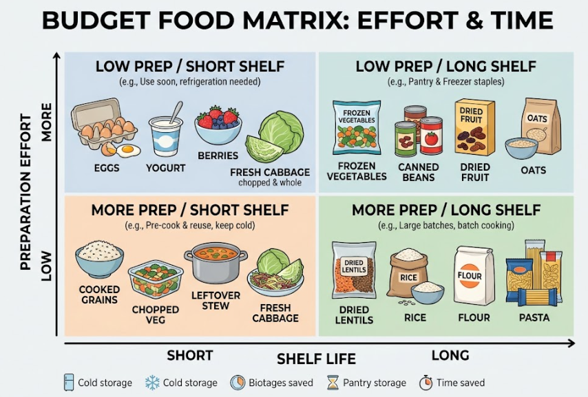 A matrix compares affordable foods by preparation effort and storage life.