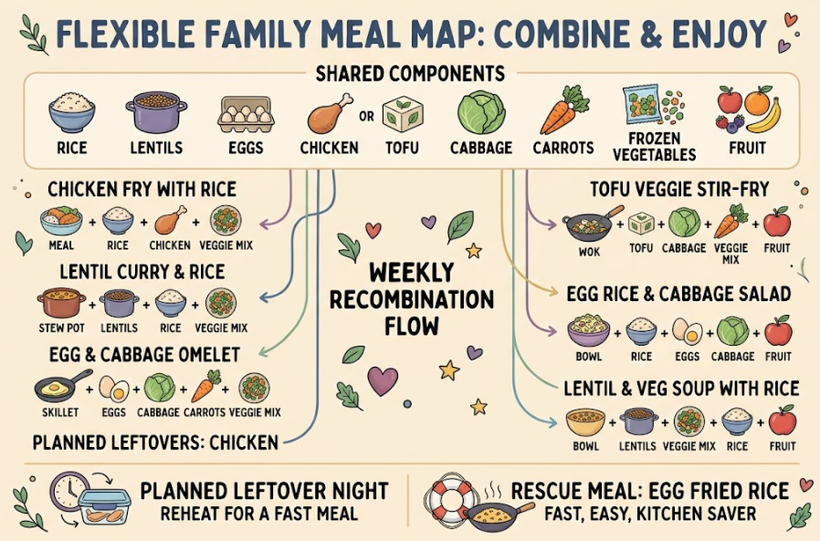 Flexible ingredients are recombined into seven family meals with planned leftovers and a rescue dinner.