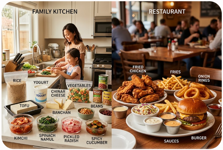 Whole Foods vs Processed Foods: What Matters - A family uses minimally processed and processed foods at home and shares fried food at a restaurant.