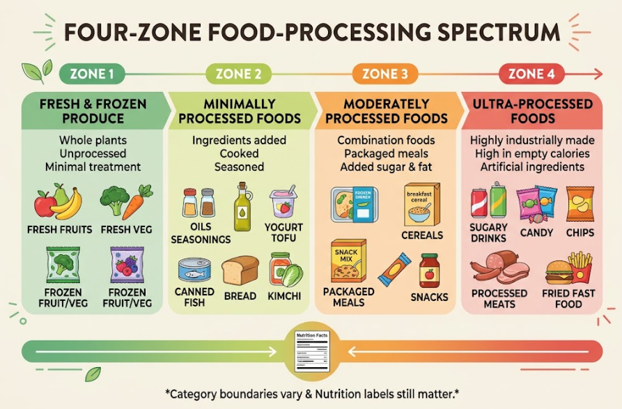 A four-zone spectrum compares minimally processed foods, cooking ingredients, processed foods, and highly processed products.