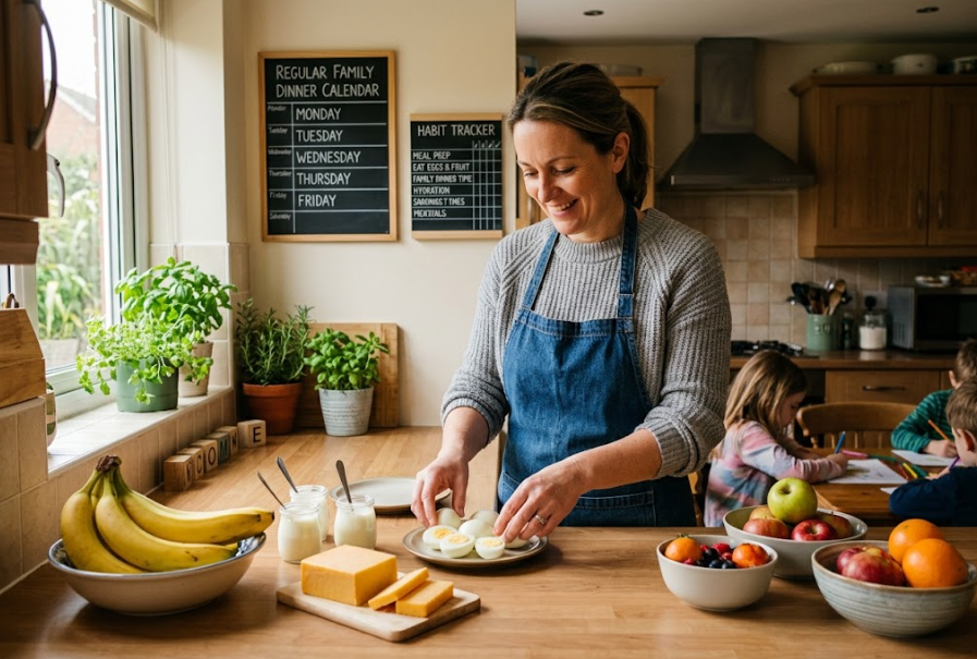 A parent prepares simple snacks and tracks repeatable eating actions instead of weight-loss results.