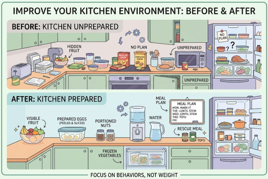 A kitchen is reorganized so planned meals and snacks require less effort.