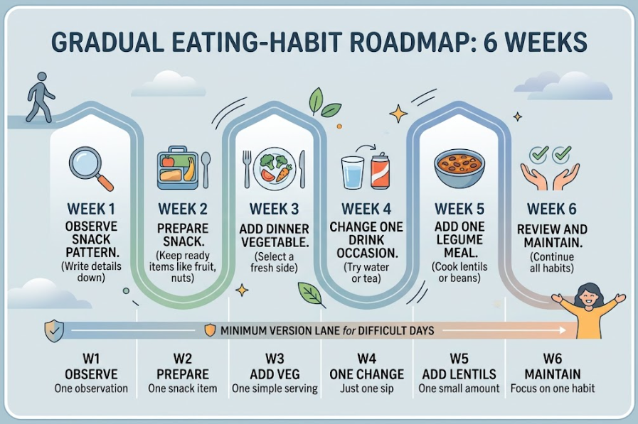 gradual dietary changes - A six-week roadmap adds one eating habit at a time and includes easier versions for difficult days.