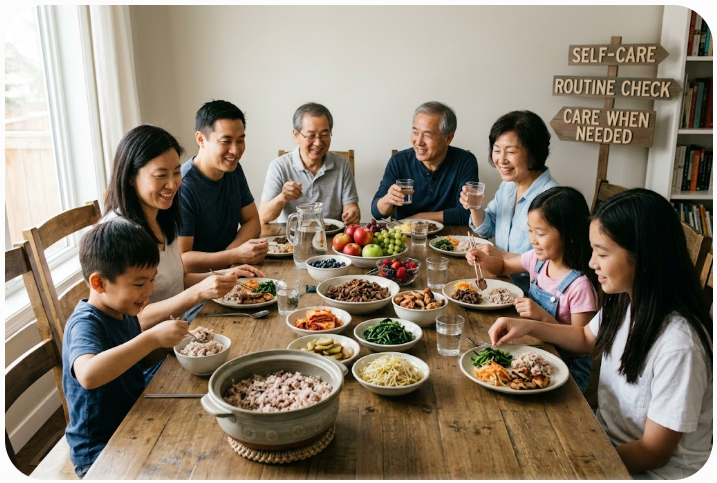 Family members choose different portions from shared rice, protein, vegetables, fruit, and water while a decision sign distinguishes self-care from professional help.